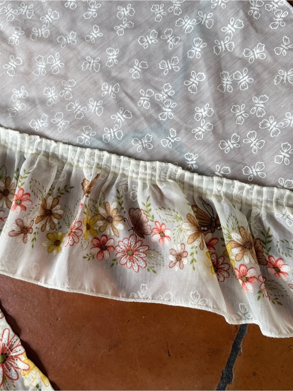 Vintage 70's Flower Butterfly Sheer Cafe Curtains 3 Panels Hippie Nature Boho